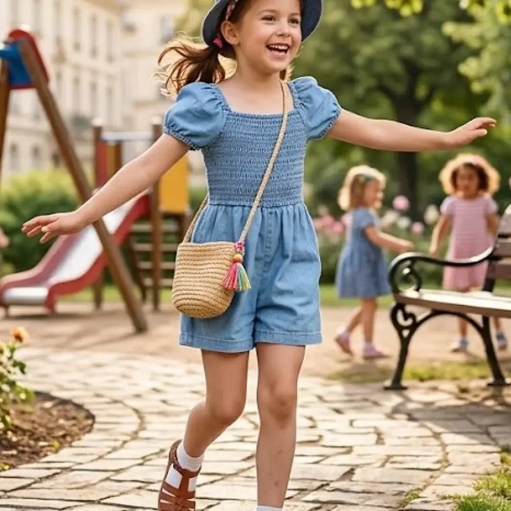 Gap Sz S Girls Denim Romper Sweet Smocked Puff Sleeves Adorable